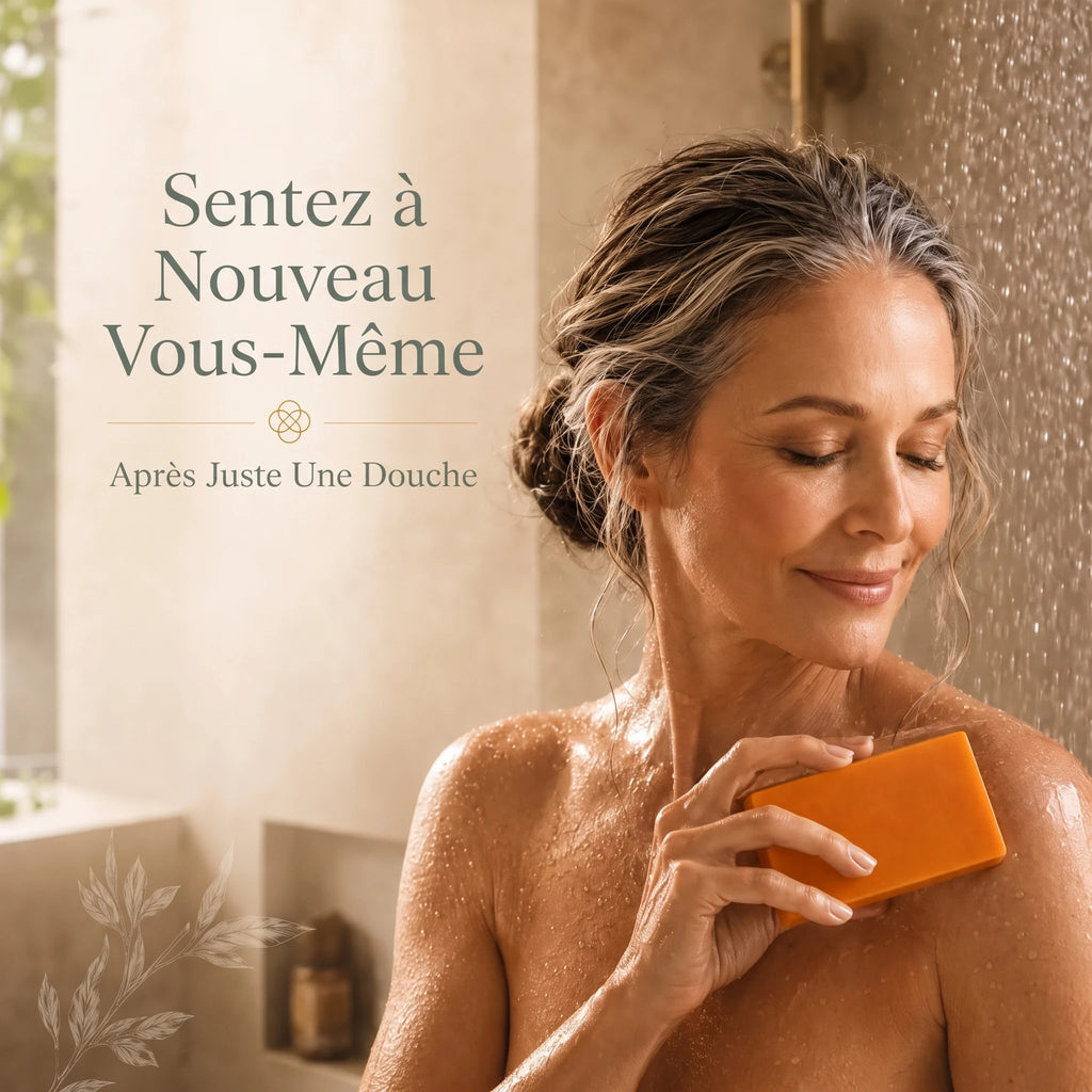 Femme mature sous la douche se lavant avec le savon au kaki Kasuri