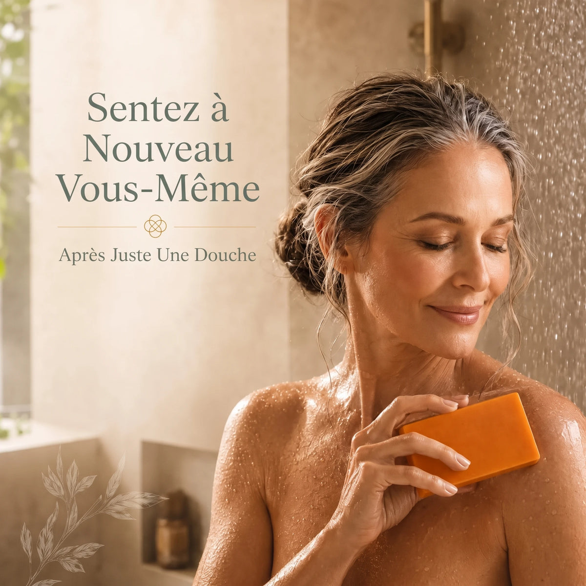 Femme mature sous la douche se lavant avec le savon au kaki Kasuri