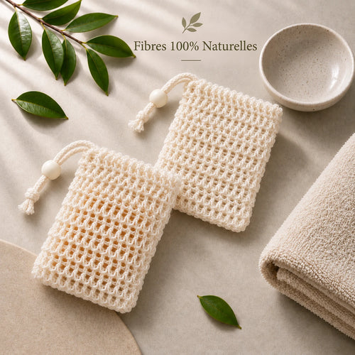 Deux filets à savon en fibres 100 % naturelles, serviette et bol en céramique