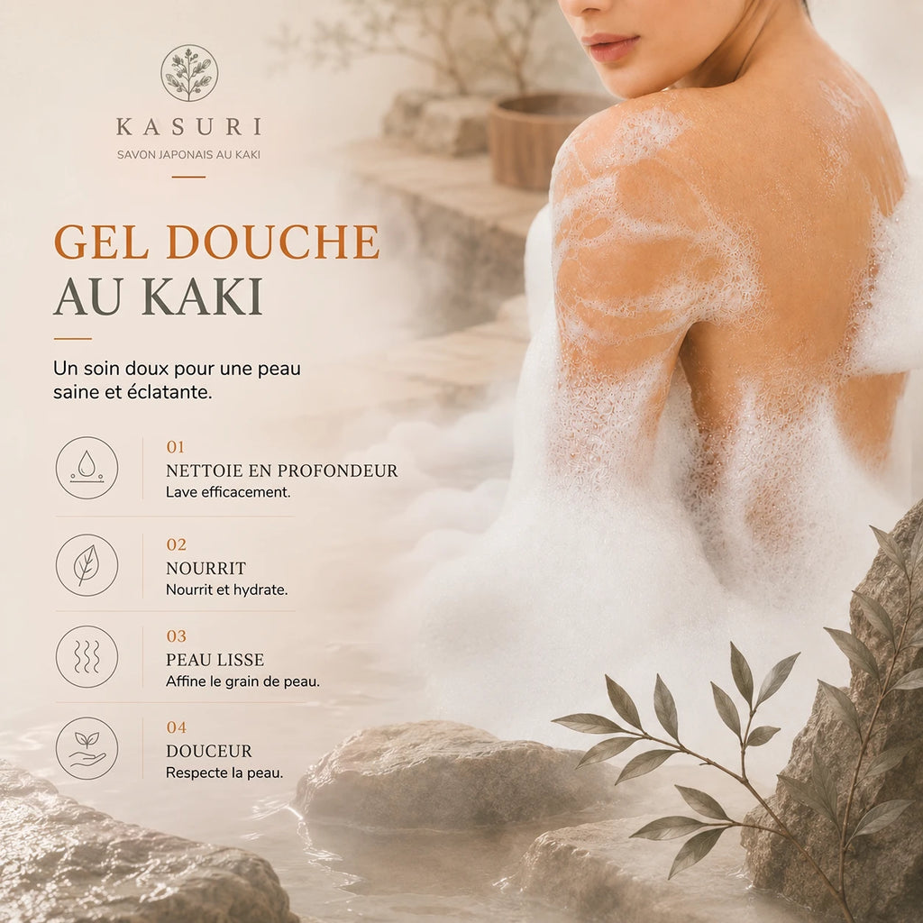 Gel douche au kaki Kasuri : nettoie en profondeur, nourrit, lisse et respecte la peau
