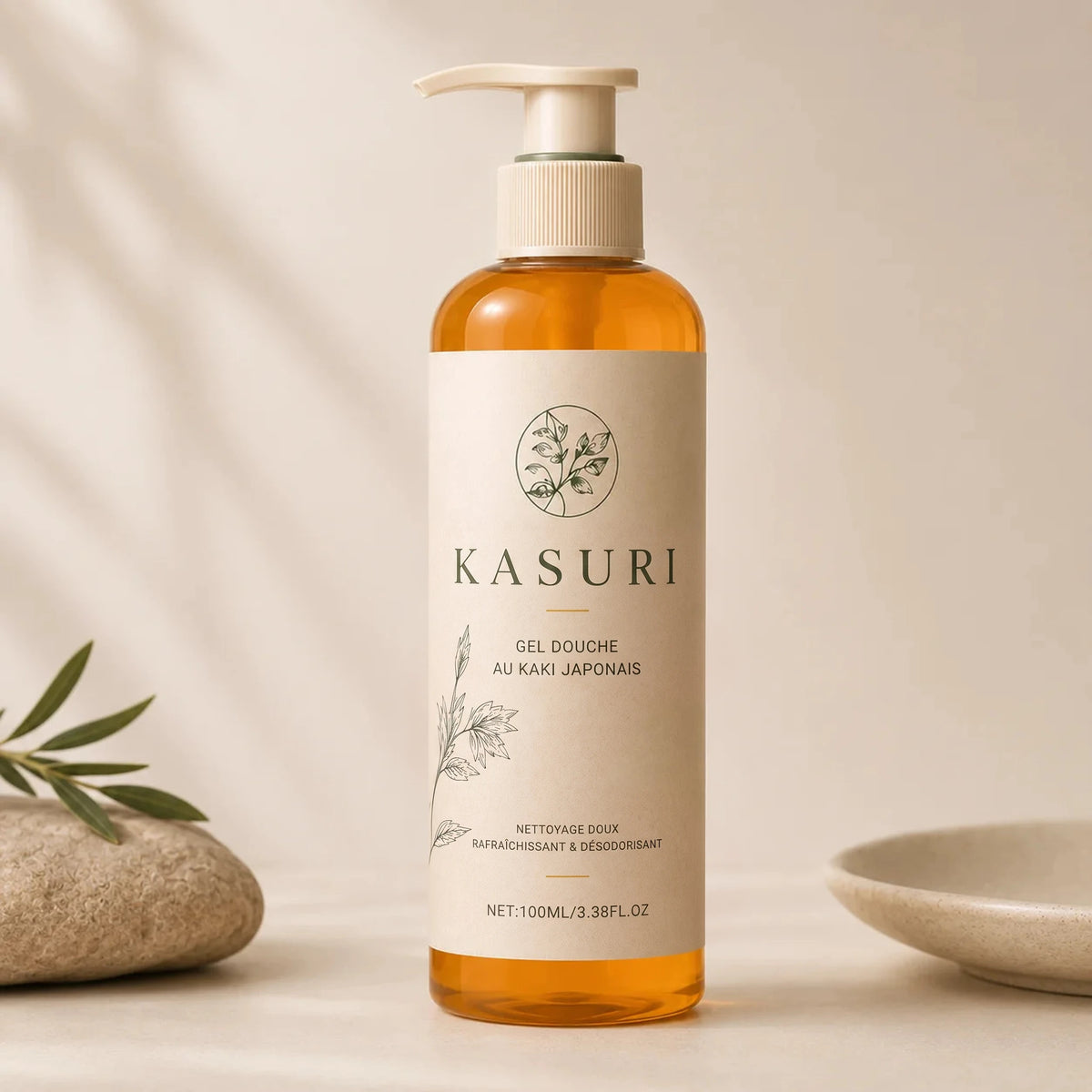 Flacon de gel douche au kaki japonais Kasuri 100 ml, nettoyage doux et désodorisant