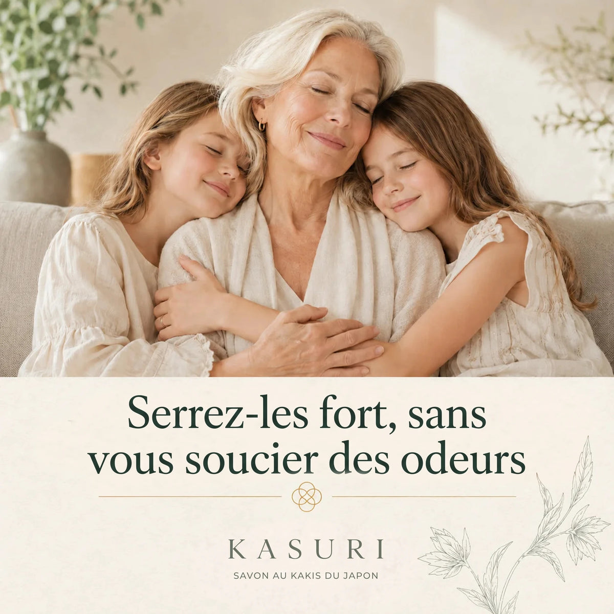 Grand-mère serrant ses petites-filles dans ses bras, sans se soucier des odeurs