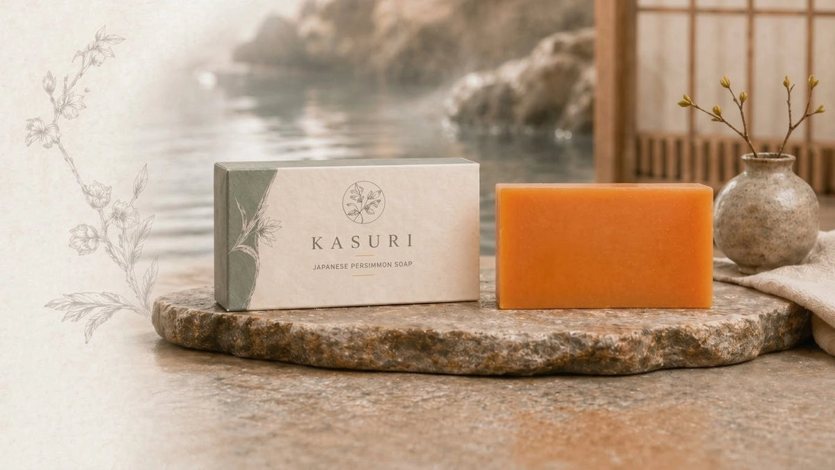 Femme souriante tenant un savon au kaki dans une salle de bain lumineuse