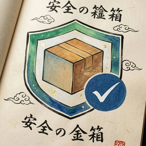 Protection d'envoi Kasuri : colis protégé par un bouclier, illustration style japonais