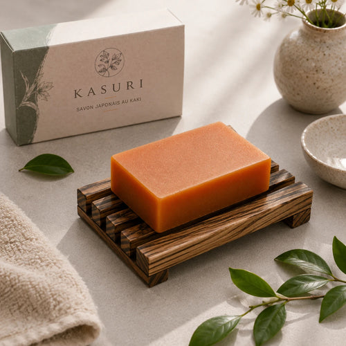 Savon japonais au kaki Kasuri sur porte-savon en bois, avec son étui et des feuilles