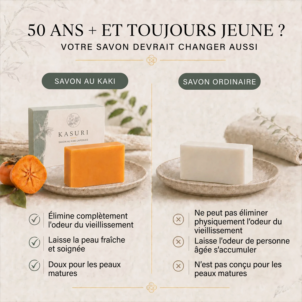 Savon au kaki Kasuri comparé à un savon ordinaire : fraîcheur et douceur peau mature